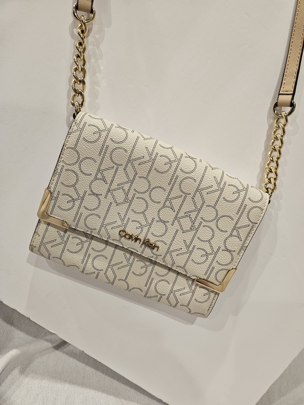Calvin Klein Cream Monogram Crossbody with Gold Hardware